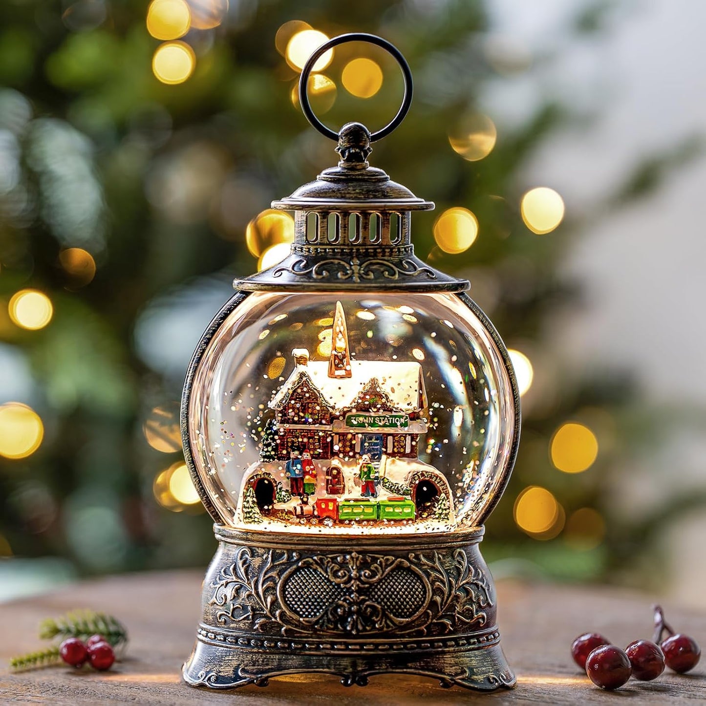 Christmas Snow Globes Christmas Water Lantern with Station Train, Music & 6H Timer, USB Lined/Battery Operated Lighted Lanterns for Xmas Festival Decoration Gifts