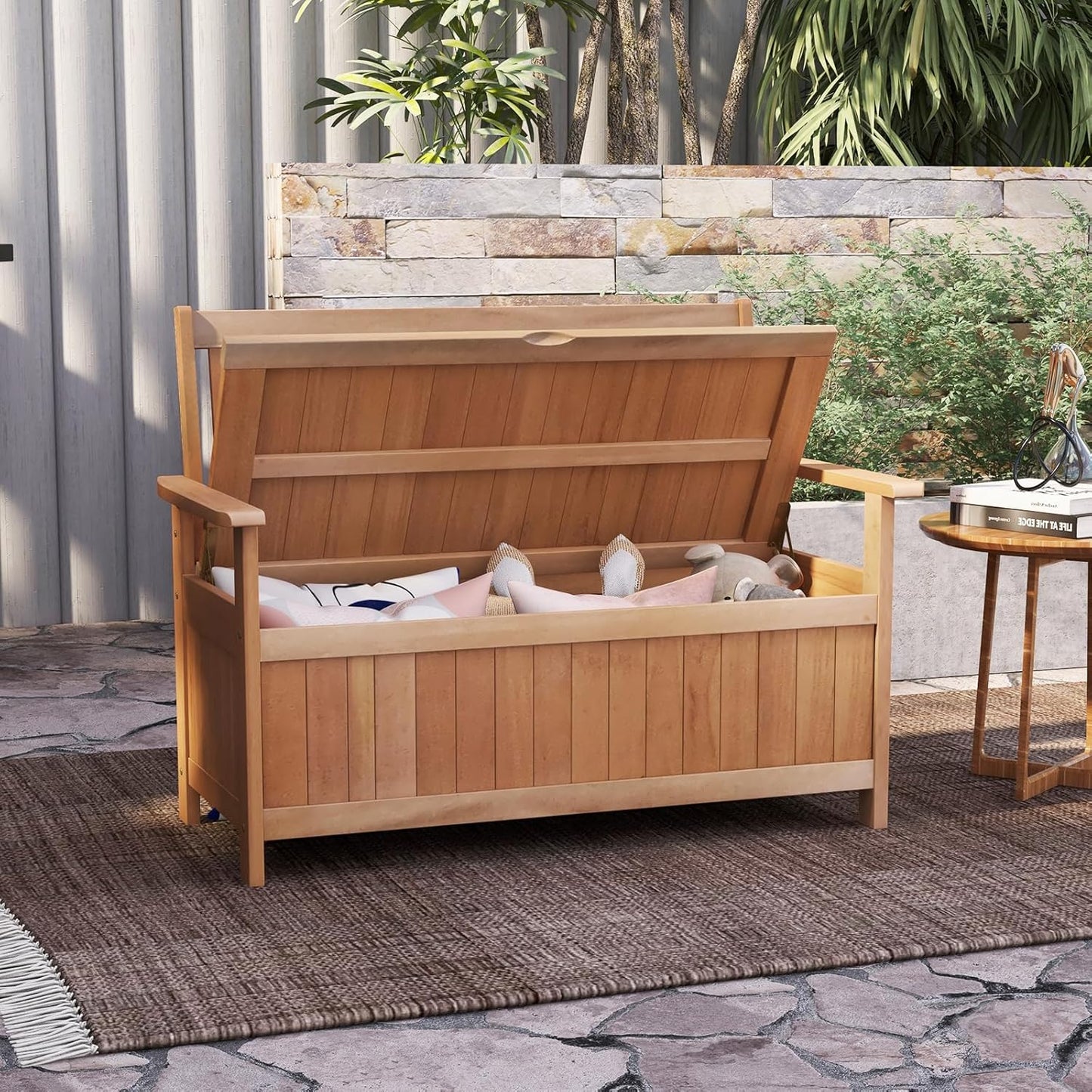 Tangkula 48 Inch Outdoor Wood Storage Bench Deck Box, Wooden Storage Loveseat with 34.2 Gal Inner Space, Entryway Bench Deck Box with Slatted Backrest, Storage Seat for Garden, Lawn, Balcony & Porch