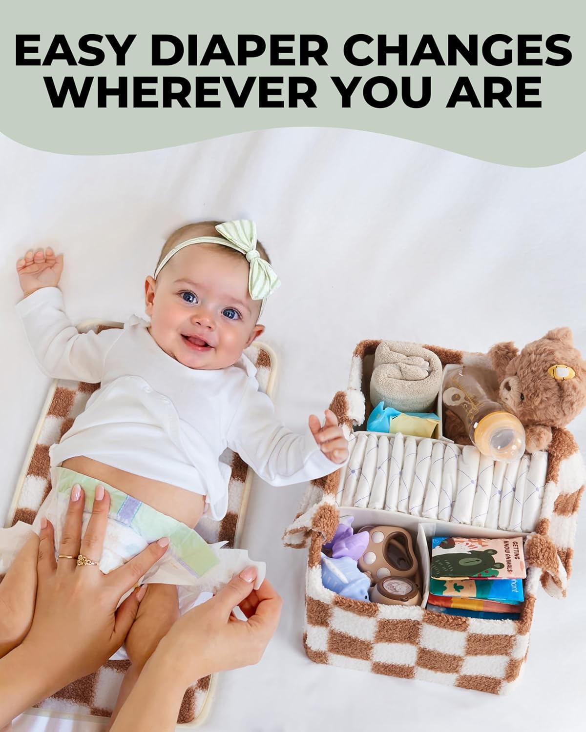 Checkered Diaper Caddy Organizer with Portable Changing Mat - Teddy Fleece Diaper Organizer for Changing Table - Caddy Organizer with Removable Dividers - Light Taupe and White