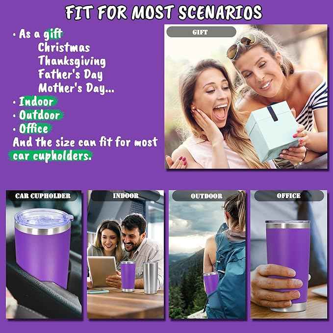 20 oz Tumbler with lid Double Wall Vacuum Insulated Tumblers Stainless Steel Coffee Mug Travel Coffee Tumbler Powder Coated Tumbler Cup Keep Hot&Cold - (PurPle 12 Pack)