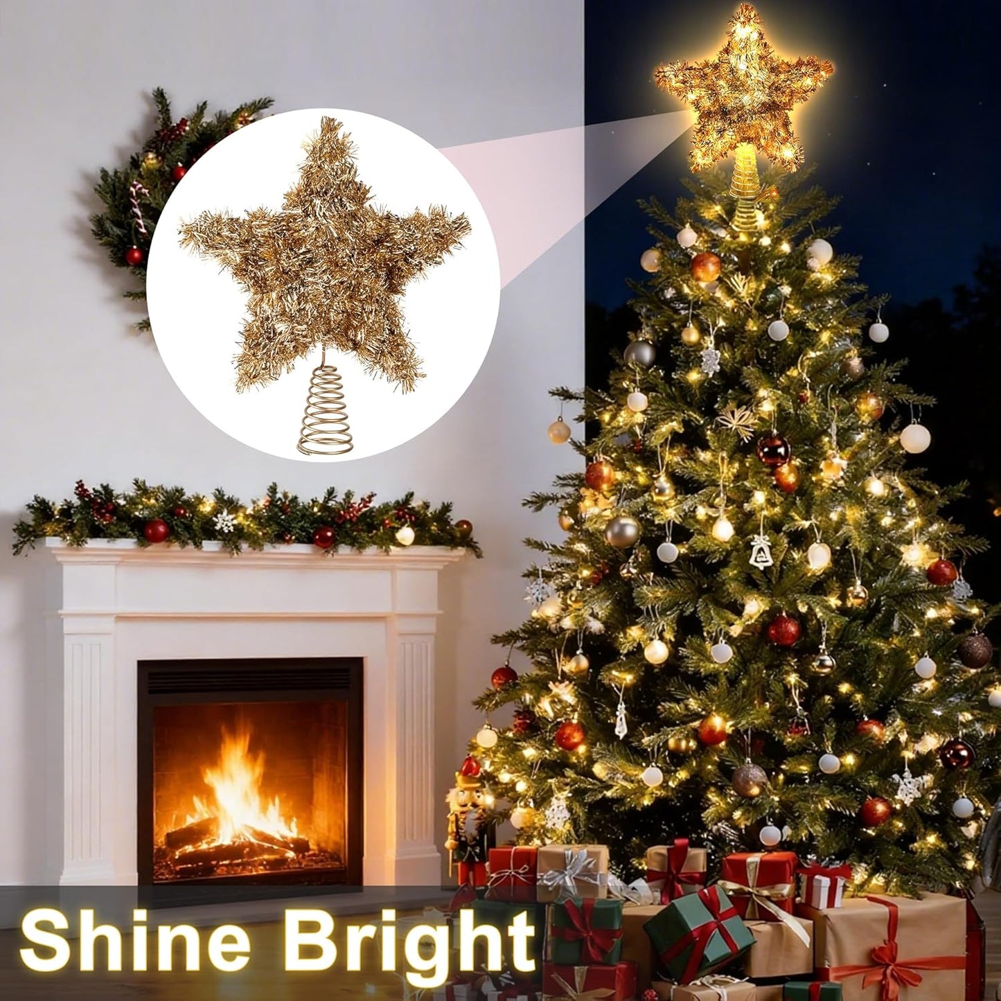 LAWOHO Christmas Tree Topper Star, Vintage Christmas Decor, 10 Inch Shiny Golden Christmas Tree Decoration with 6H Timer, 50 Warm LED Lights for Xmas Tree, Holiday & Party, Indoor Decor