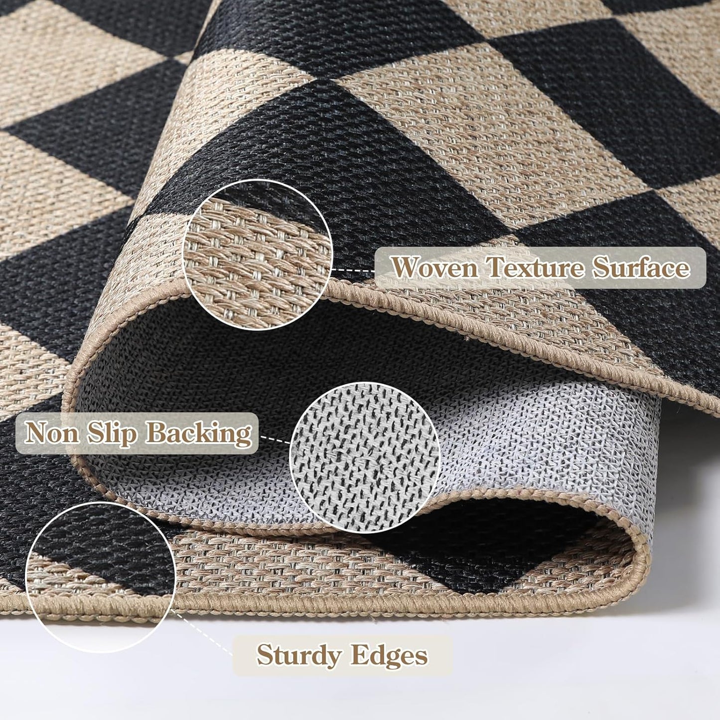 Lahome Checkered Dining Living Room Rug, 5x7 Washable Indoor Outdoor Easy Jute Rug, Farmhouse Neutral Diamond Non Slip Non Shedding Floor Carpet for Sunroom Deck Classroom Office