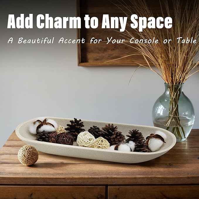 LIN CHUAN Large Decorative Bowl for Home Decor - Long Dough Bowl with Anti Slip Base for Table Centerpieces - Beige Minimalist Design Dough Decor Bowl for Coffee Table, Dining Table Centerpiece