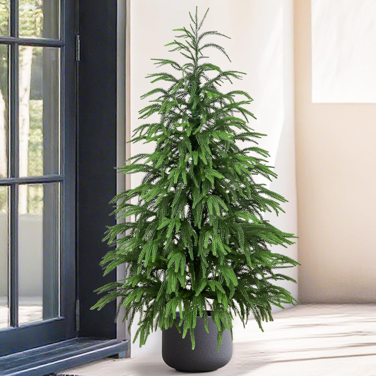 Artificial Norfolk Pine Tree, 4 ft Realistic Christmas Tree, Fake Potted Plants for Front Porch Outdoor Indoor Garden Christmas Decor