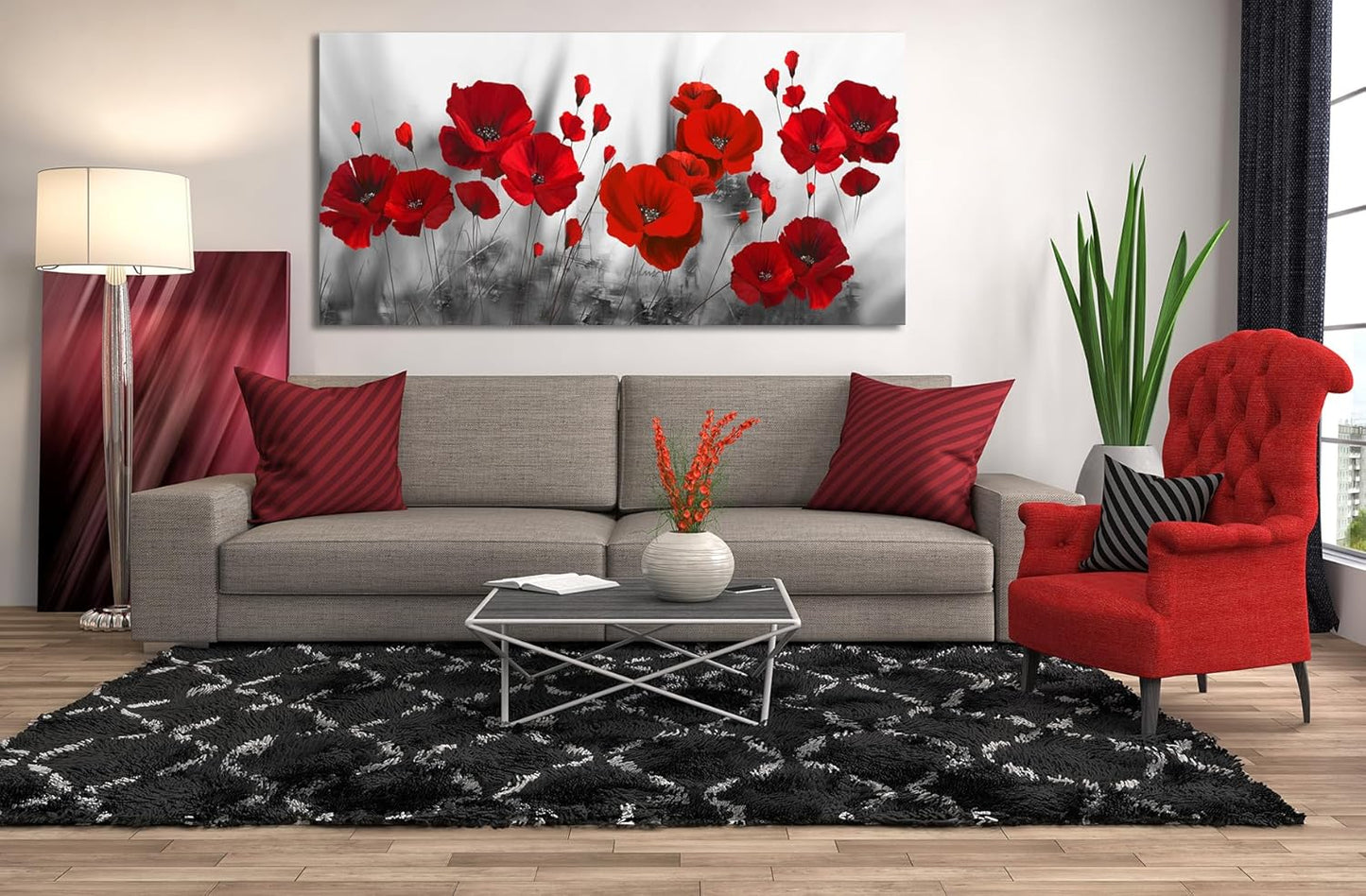 Red Flower Large Wall Art for Living Room - 48"L x 24"W Black and White Canvas Wall Art Bedroom Modern Abstract Floral Large Artwork Paintings Prints Pictures Wall Decor
