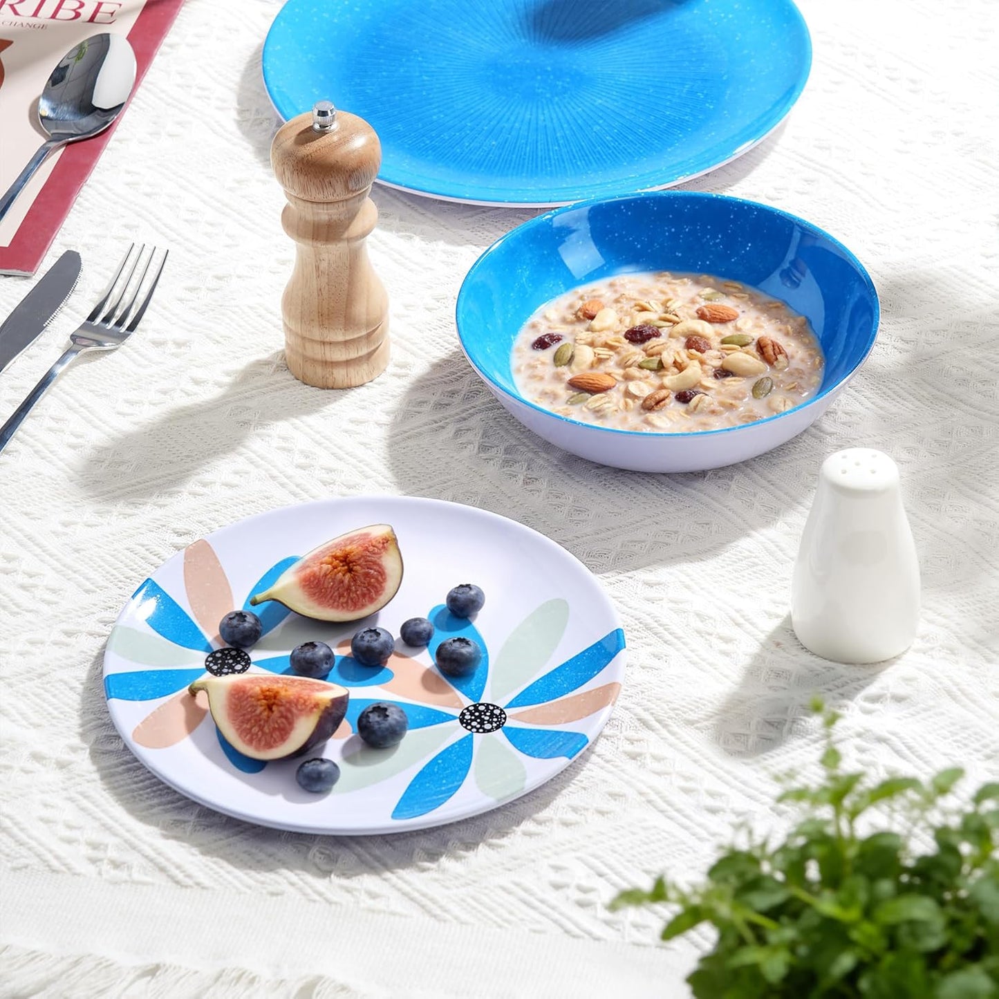 Outdoor Melamine Dinnerware Set 12 Pieces, Spring Party Blue Flowers Unbreakable Plates & Bowls, Dishwasher Safe Lightweight for Picnic Pool Party Camping