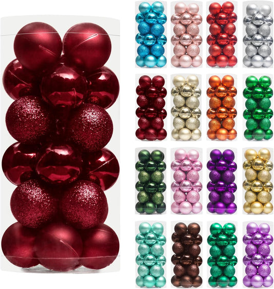 XmasExp 24ct Mini Christmas Ball Ornaments Shatterproof Christmas Ornaments Set Decorations for Xmas Tree Balls 30mm/1.18" (Burgundy)
