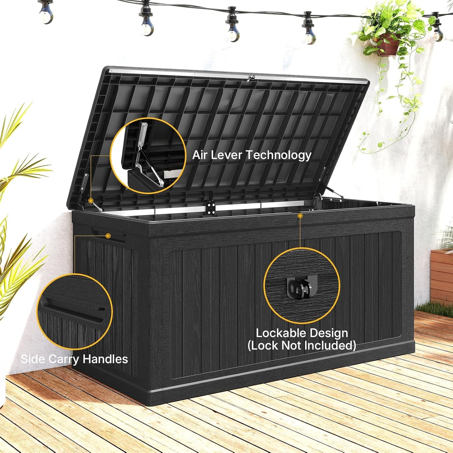 260 Gallon Deck Box Lockable, Outdoor Storage Box Waterproof and UV Resistant, Large Patio Storage Box with 1000 lbs Capacity, for Garden, Patio Furniture, Pool (Black)