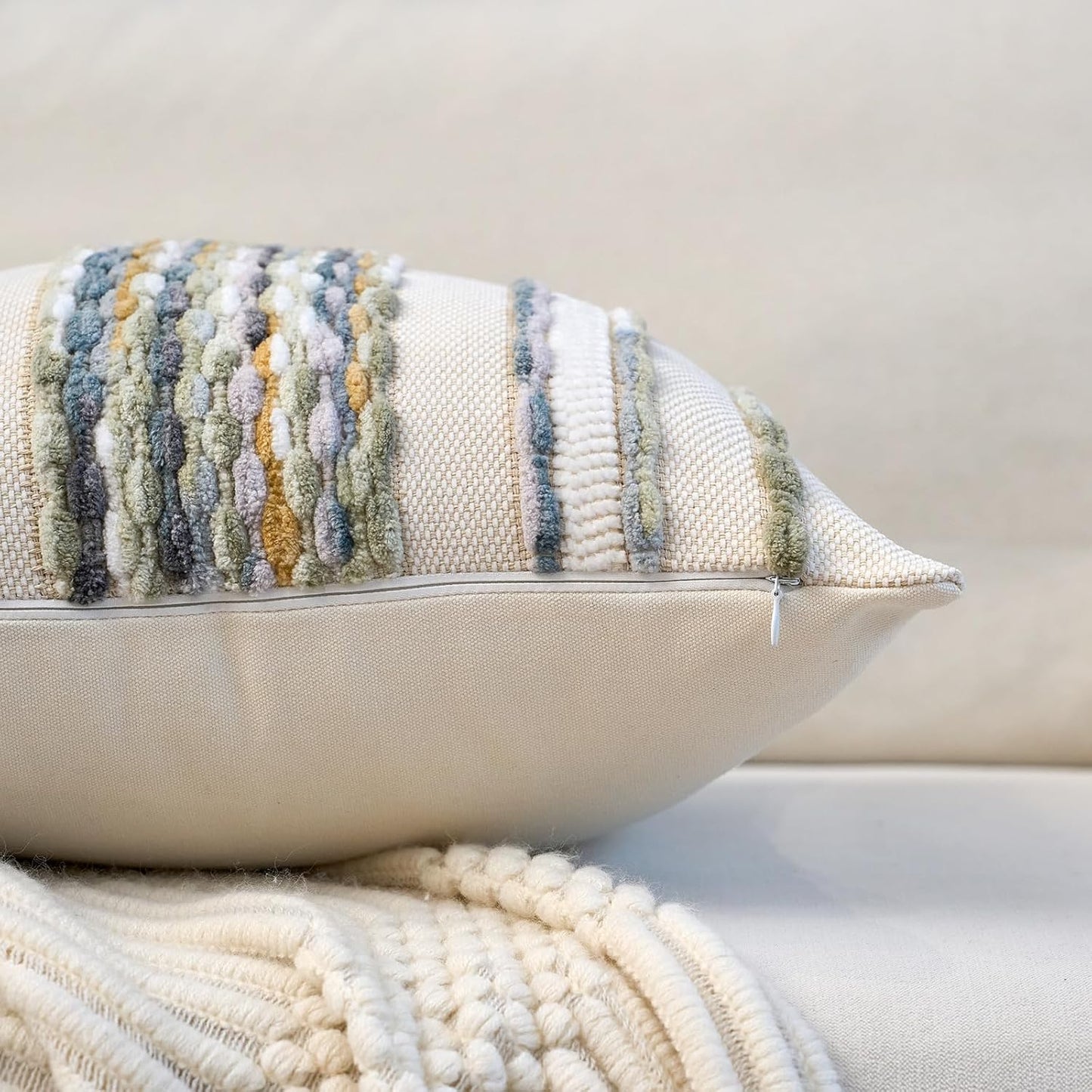 Aeckself Boho Pillow Covers 18x18 Inch Set of 2, Farmhouse Decorative Striped Square Chenille Tufted Accent Neutral Throw Pillow Covers for Living Room Couch Bed, Gray Blue