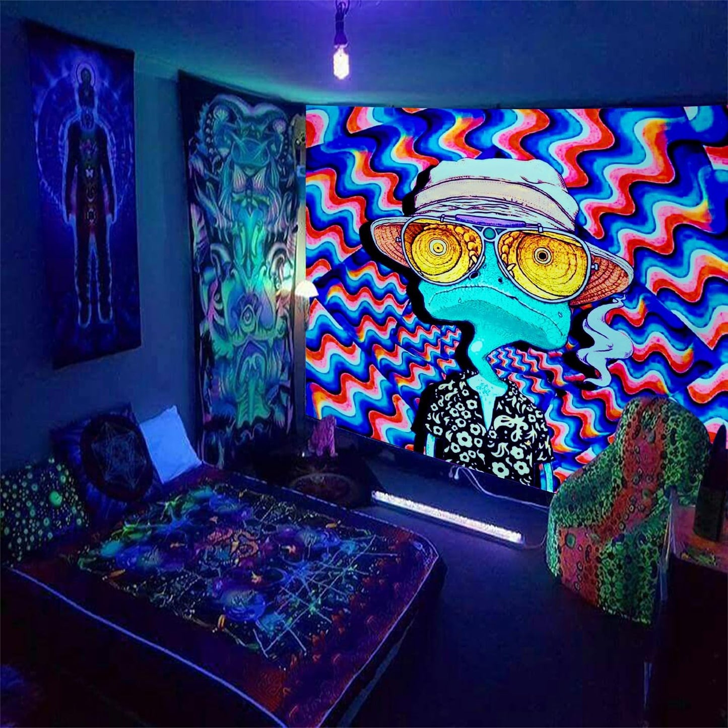 ADDWel Blacklight Frog Tapestry, Hippie Alien Tapestry Glow In The Dark, UV Reactive Black Light Upright Posters Wall Hanging for Bedroom Dorm Living Room Backdrop Decor