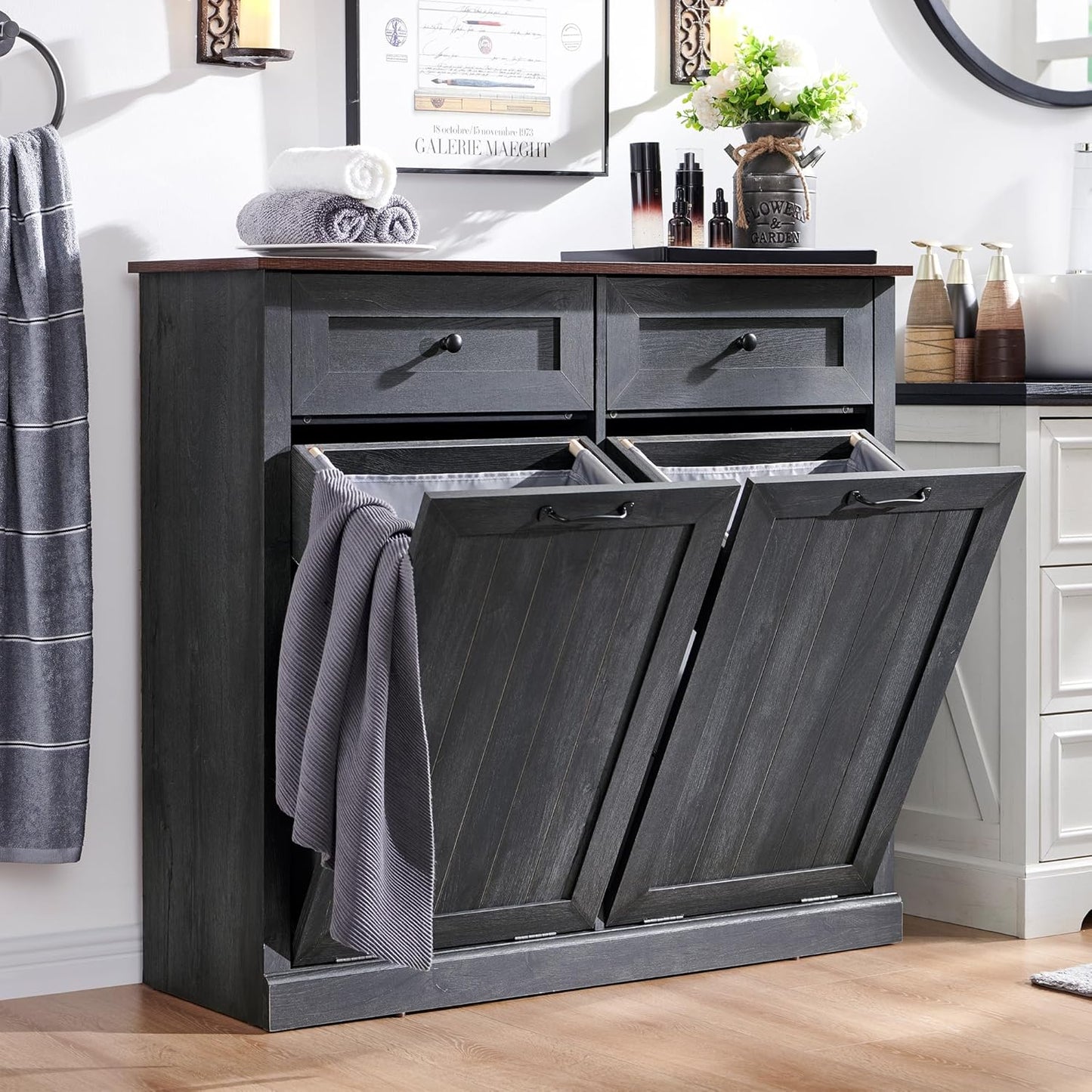 Double Tilt Out Laundry Hamper Cabinet, 20 Gallon Farmhouse Trash Can Cabinet with Drawer, Hidden Wood Garbage Can Bin Cabinet with Laundry Storage Basket for Bathroom, Kitchen, Dark Grey - Lumora Casa
