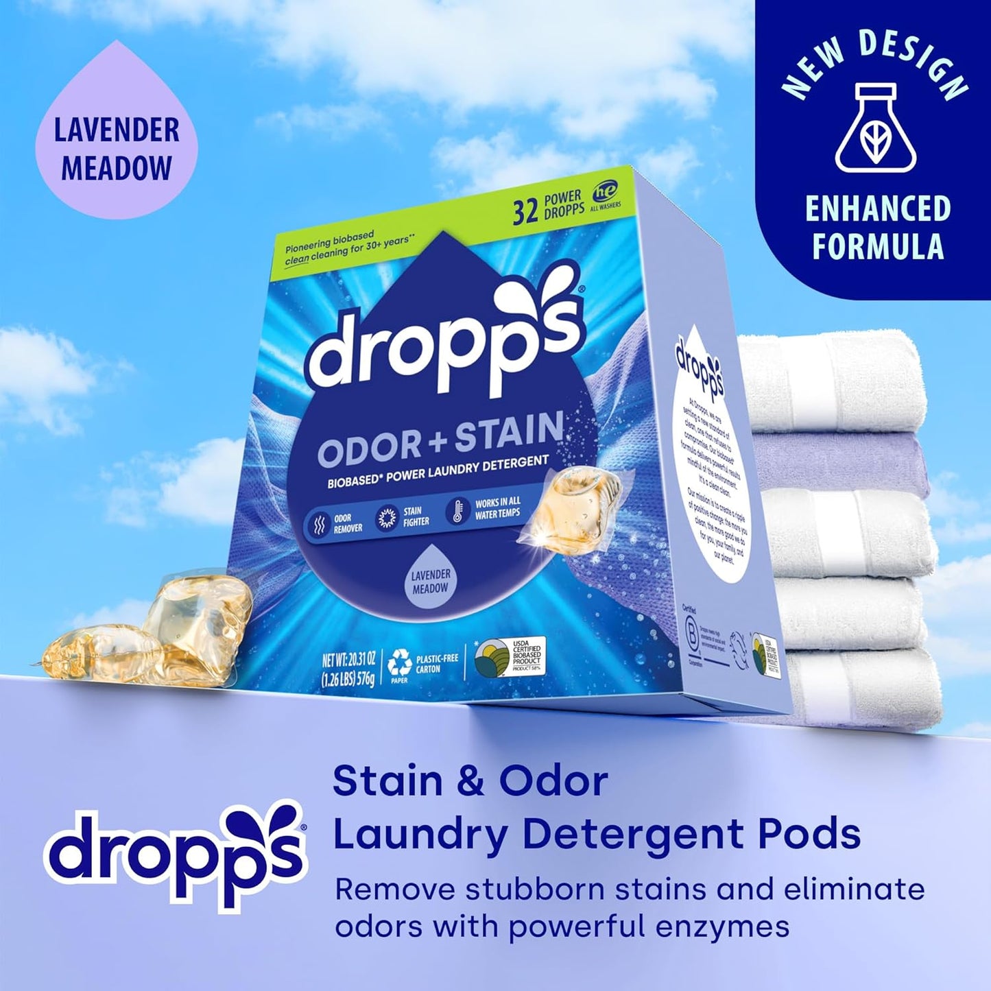 Dropps Odor & Stain Biobased Power Laundry Detergent Pods, Lavender Meadow (32 Count) - HE Compatible Laundry Pods for Fresh Clothes - Washing Detergent Soap Supplies & Recyclable Packaging