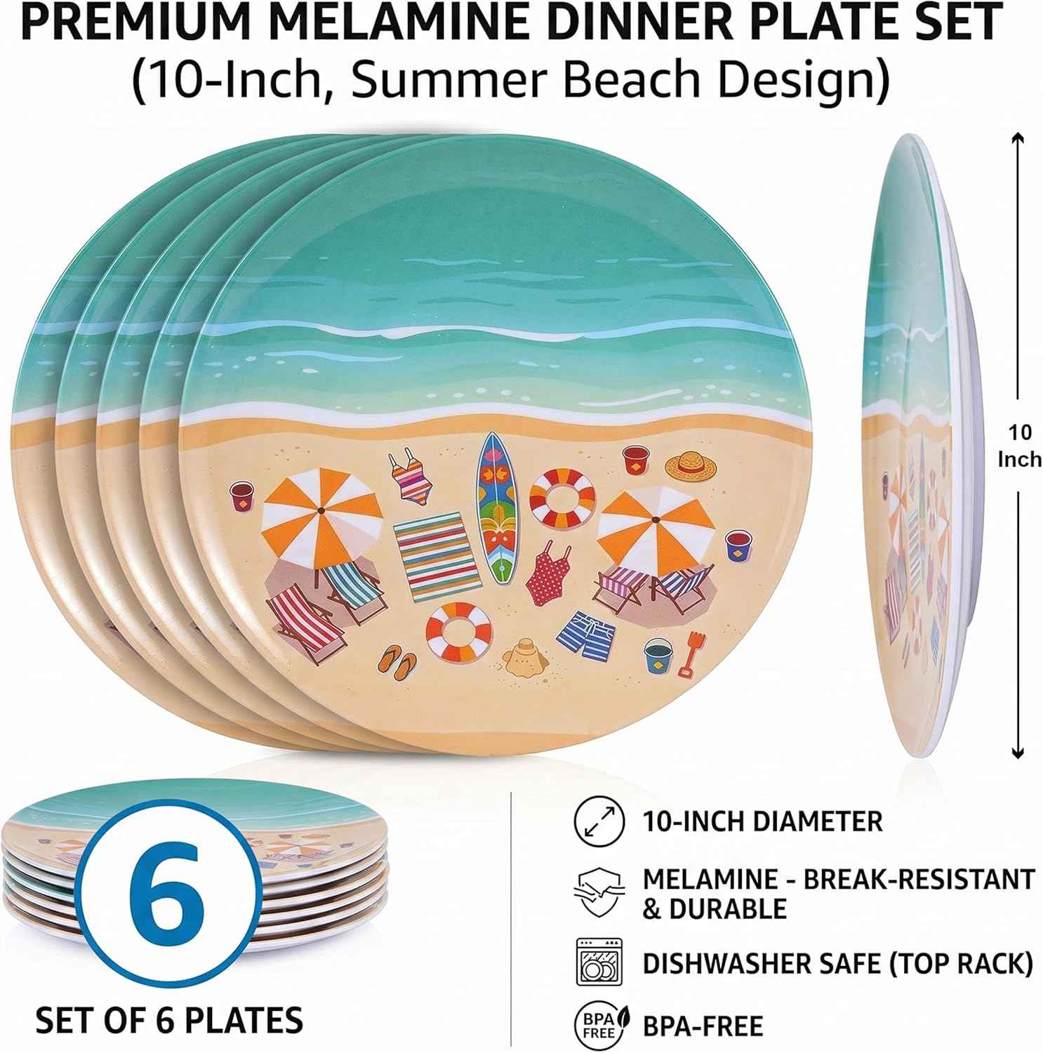 Melamine Plates Set of 6, 10-Inch Unbreakable Melamine Dishes, Reusable Dinner Plates Set, Dishwasher Safe Outdoor Dinnerware for for Poolside, Picnic, RV,Camping Party（Summer Beach ）