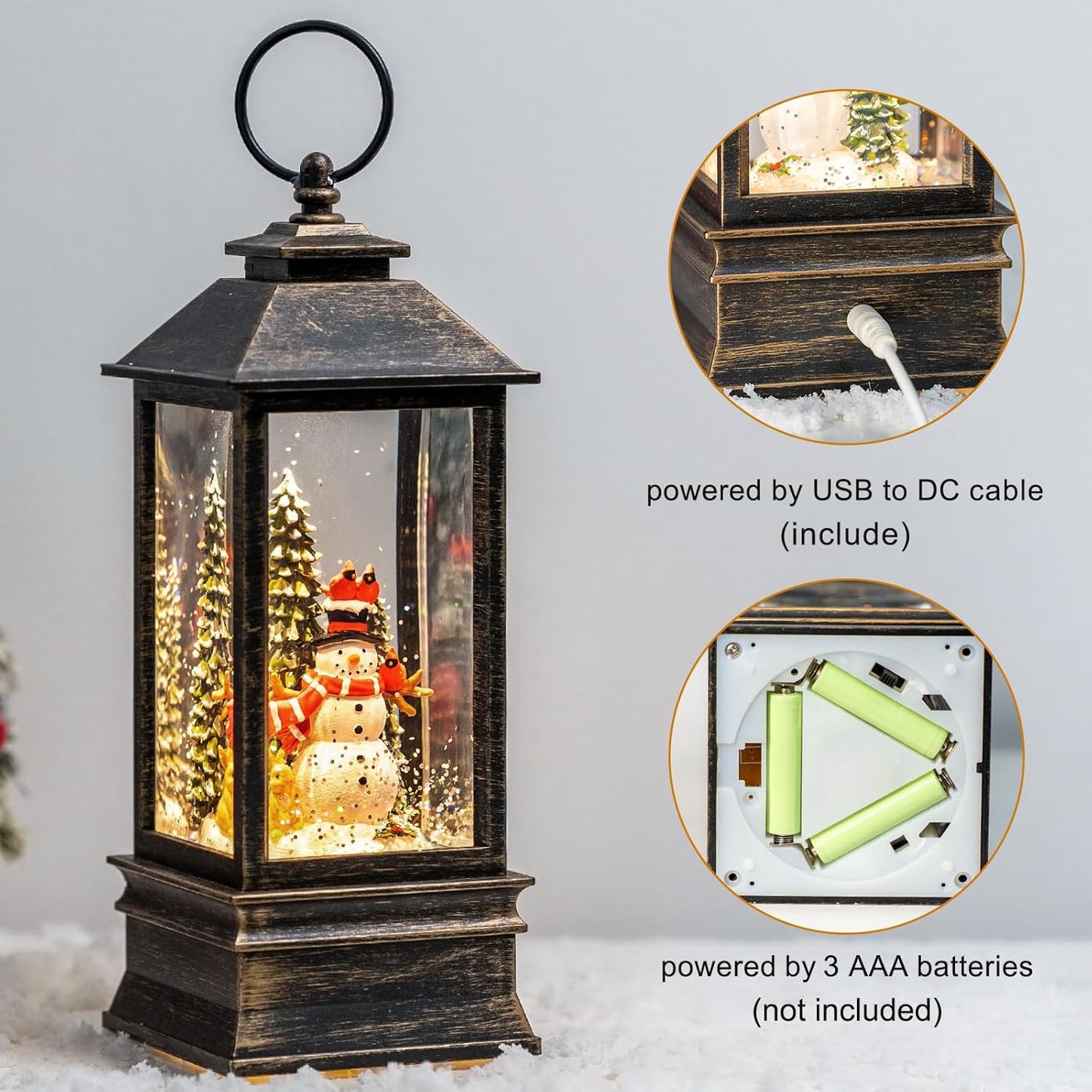 Christmas Snow Globes (11 Inch, Square-Snowman), Black Brush Gold