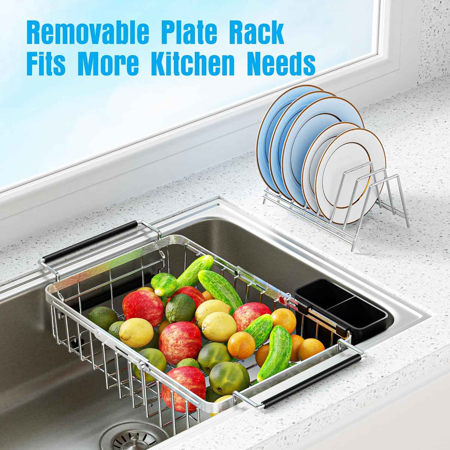 Expandable Over The Sink Dish Drying Rack, Anti-Rust Stainless Steel in Sink Dish Drainer with Cutlery Holder, Counter Space Saving Sturdy Sink Drying Rack for Many Kitchen Drain Task