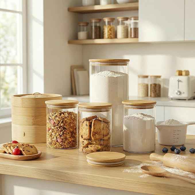 HomArtist Large Glass Flour and Sugar Containers 180oz x2 [Set of 2], Glass Food Storage Containers with Bamboo Lids, Glass Jar with Airtight Lids for Spaghetti Pasta,Rice,Cereal,Candy,Coffee, Oat