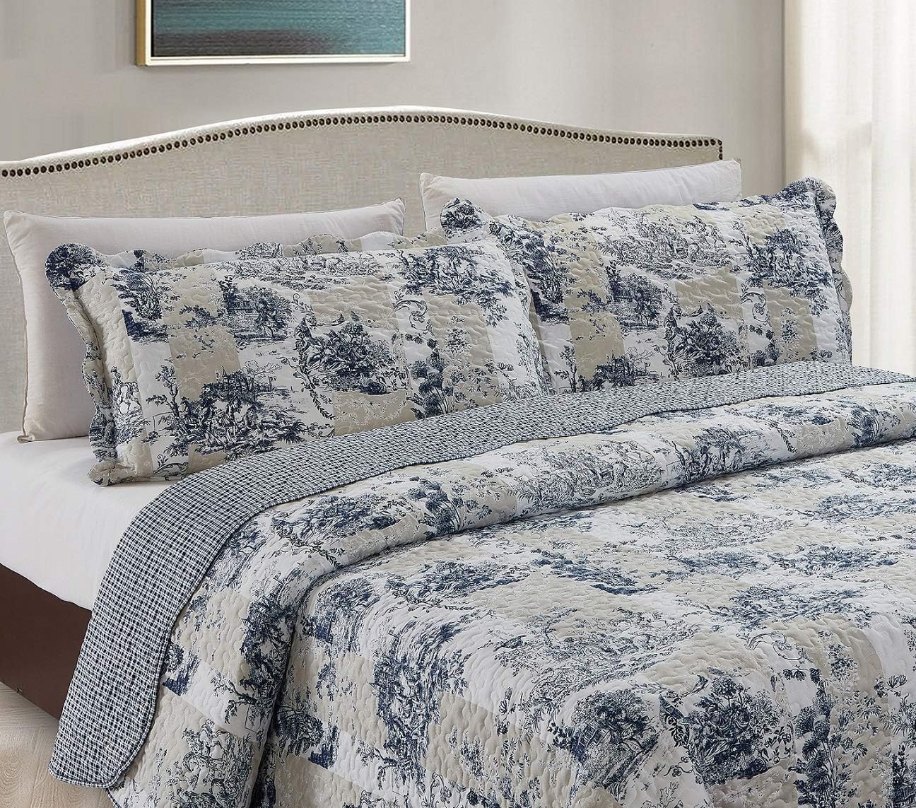 Brilliant Sunshine Blue Toile in Beige and Ivory Patches, 3-Piece Quilt Set with 2 Shams, Reversible Bedspread, Soft Lightweight Coverlet, All-Season, King, Blue