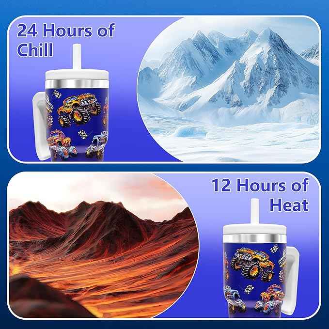 2PCS 20-OZ Insulated Water Bottle,Insulated Stainless Steel Tumbler,Reusable Cold Drink Thermos,BPA-Free, Double-Wall Stainless Steel Water Bottle (Dark blue-Monster trucks, 20, Fluid Ounces)