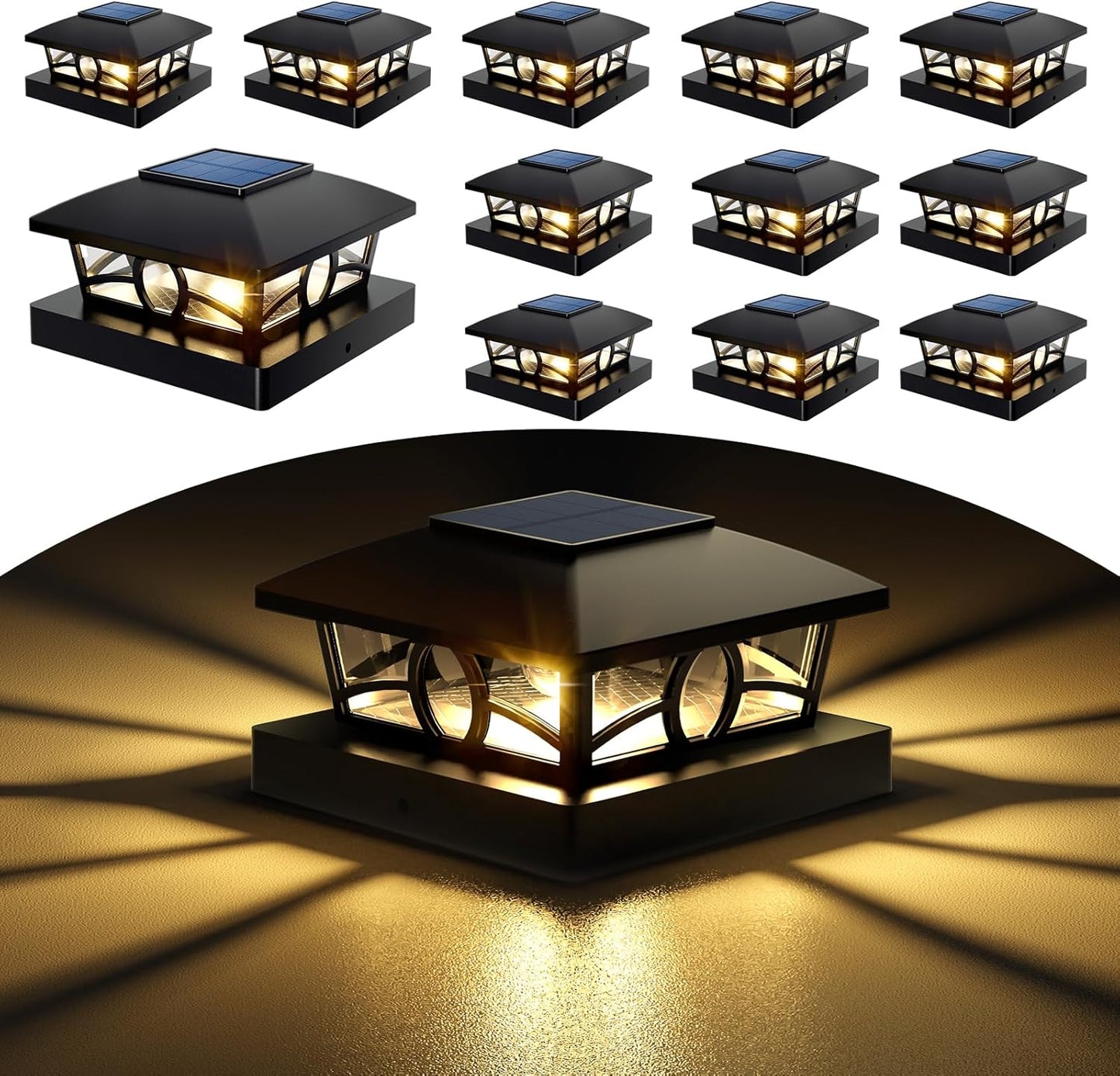 NIORSUN Solar Post Lights Outdoor, Fence Post Solar Lights Warm White Outdoor Waterproof Edison LED Bulbs Garden Patio Fence Deck Decor, 4x4 Post Caps Wood Vinyl, Black 12 Pack