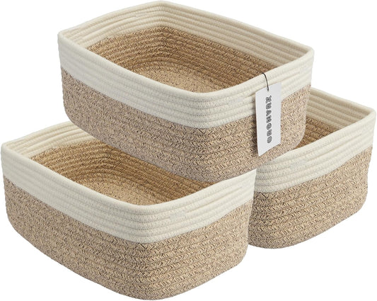 Small Woven Storage Baskets 13“X9”X5“ Decorative Rope Bins for Organizing Shelves, Closets, and Toys, Empty Gift Baskets, Cute Organizer Basket for Home and Office (white and brown, Large)