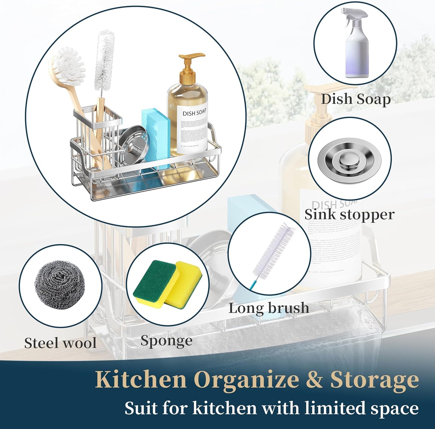 Consumest Sponge Holder for Kitchen Sink - Sink Caddy with Stainless Steel Self Drain Tray, Sink Organizer with High Brush Holder Countertop for Kitchen Sink Accessories, Silver