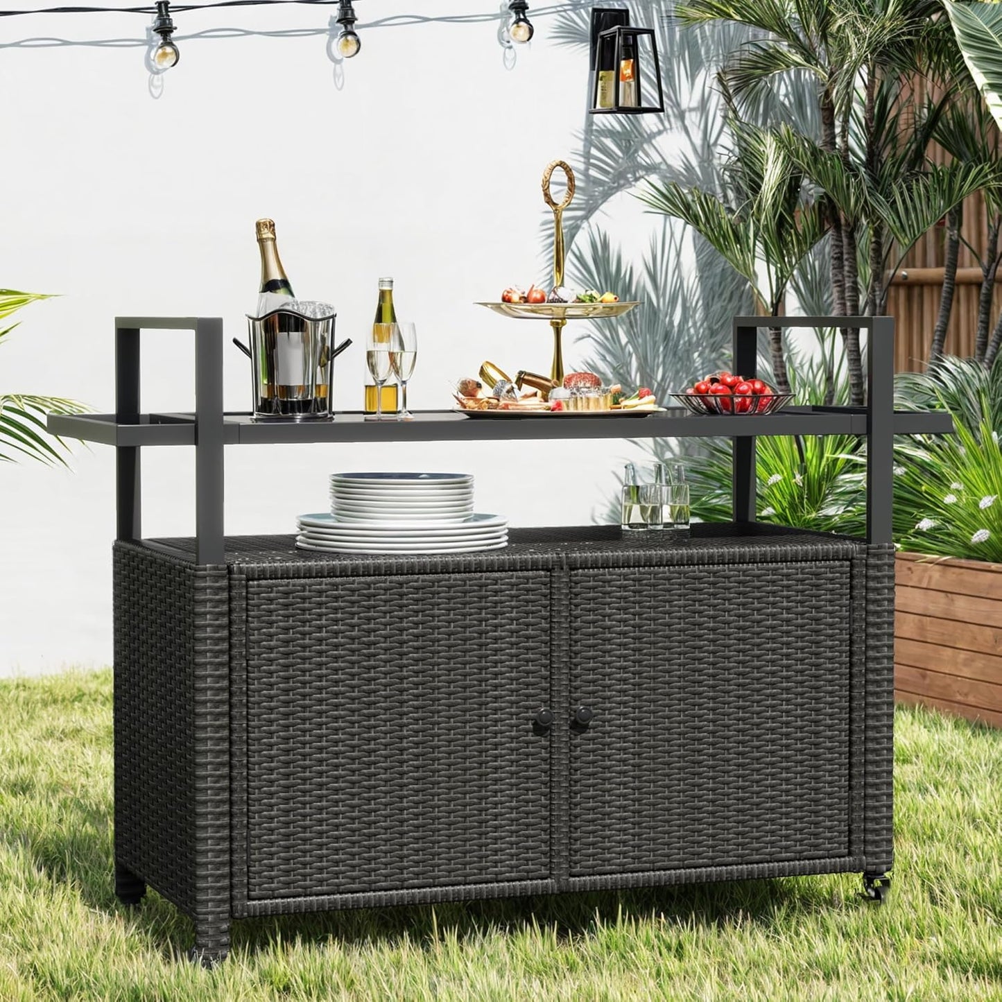 DWVO Patio Bar Table,Outdoor Kitchen Island with Glass Top,Rattan Patio Storage Cabinet with Wheels,Bar Cart for Poolside and Backyard,Black