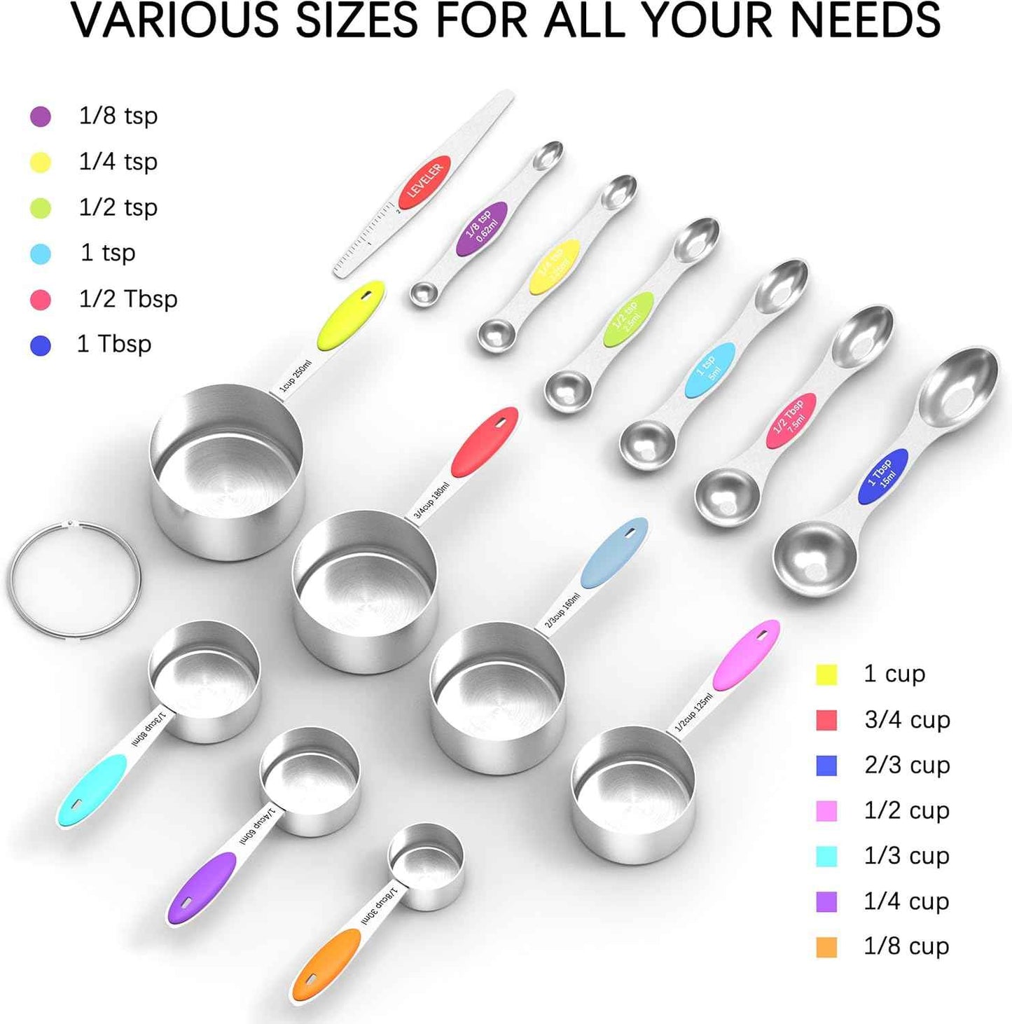 Magnetic Measuring Spoons Set and Measuring Cups Heavy Duty Stainless Steel Fits in Spice Jars for Baking & Cooking (14)
