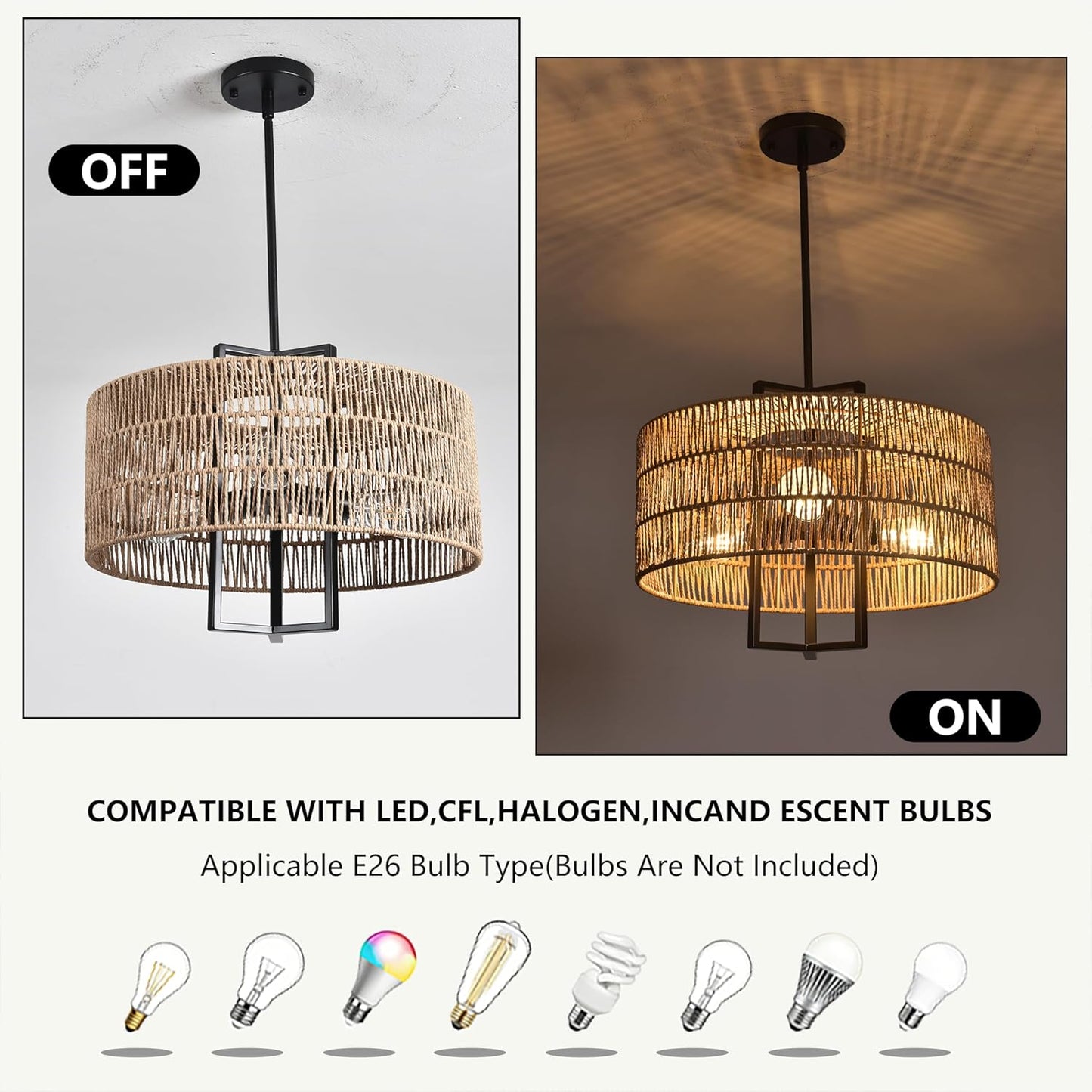 3-Light Boho Chandelier Rattan Light Fixture 17.71" Farmhouse Chandelier for Dining Room Light Fixture Rustic Durm Chandelier Hand Woven Rattan Pendant Light Fixture