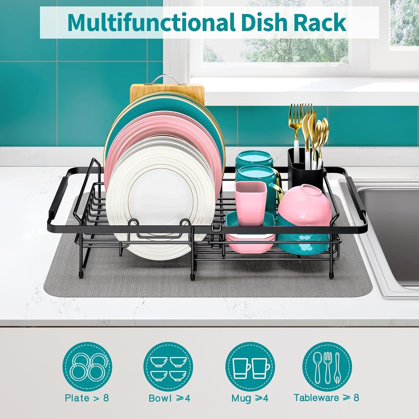 Urackify Expandable Stainless Steel in Sink Dish Drying Rack - Adjustable Dish Rack Over Sink, Rustproof Dish Drainer for Kitchen Counter, Dish Strainer with Utensil Holder, Fit Sink for 13"-18"
