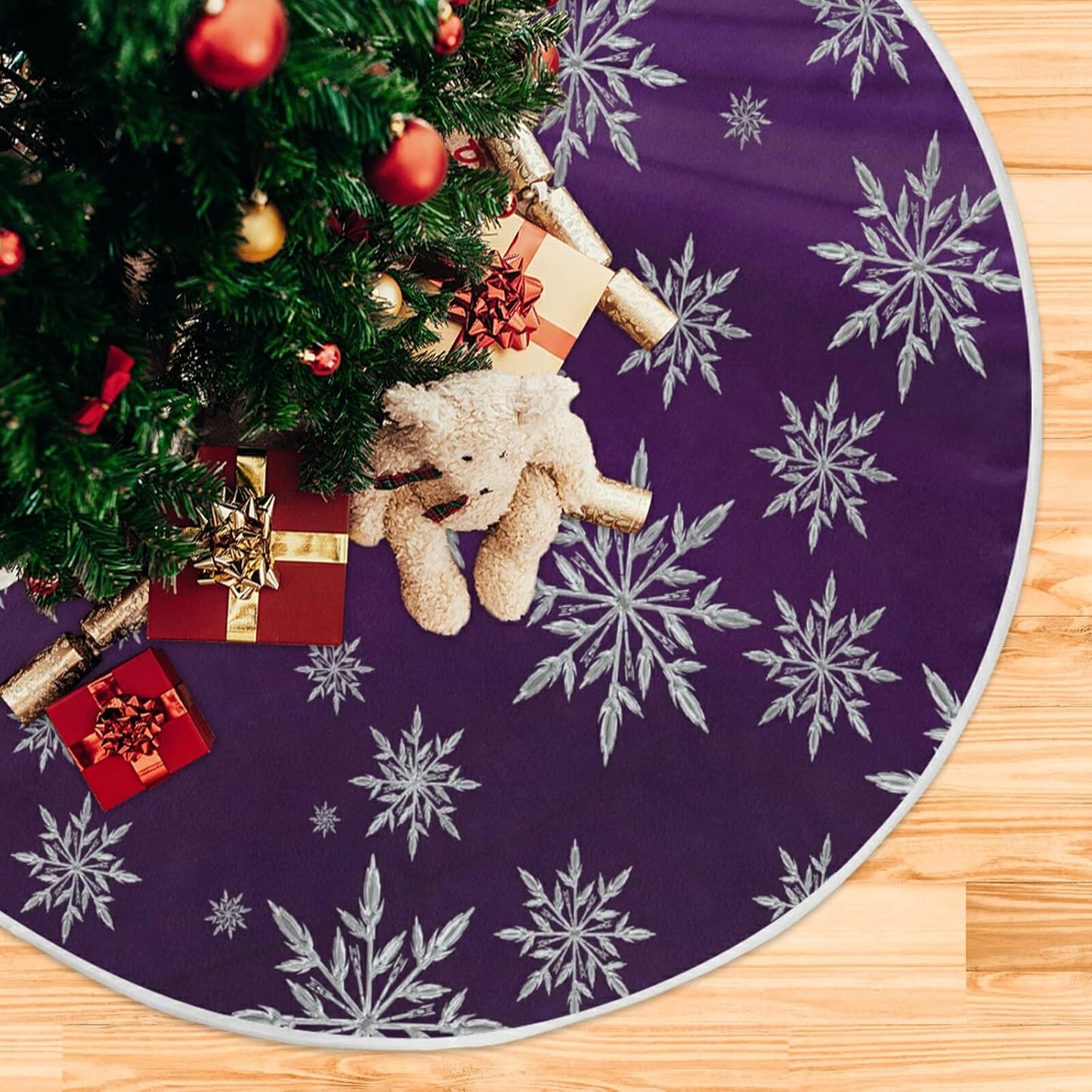 Christmas Snowflake Purple Tree Skirt, Seasonal Tree Mat Holiday Party Supplies Ornaments Indoor Outdoor Decorations for Tabletop Trees 35.4 Inches