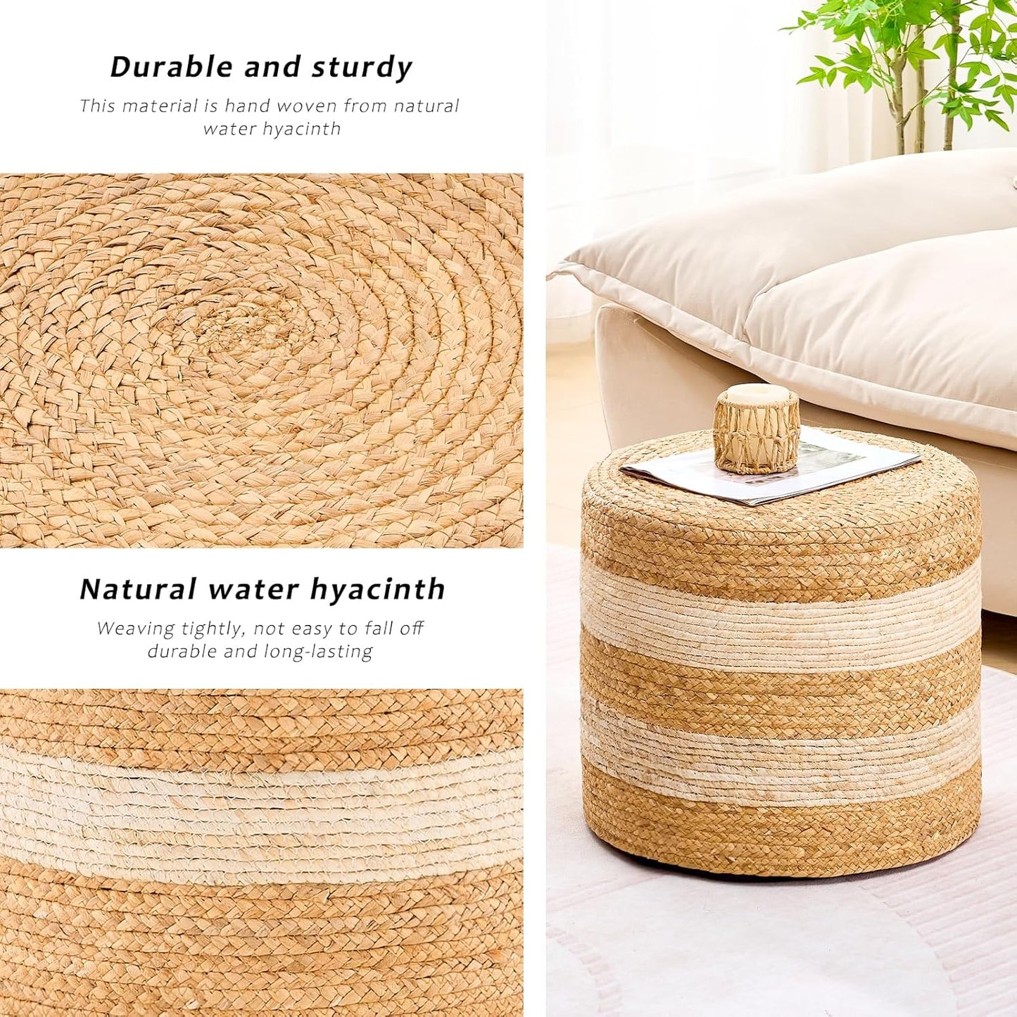 Handwoven Ottoman Pouf, Natural Water Hyacinth Footstool, Round Braided Outdoor Seat with Sturdy Frame, Boho Accent Stool for Patio, Balcony, or Garden (White)