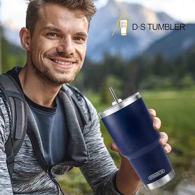 D·S 30 oz Navy Tumbler Stainless Steel Double Wall Vacuum Insulated Mug with Straw and Lid, Cleaning Brush for Cold and Hot Beverages