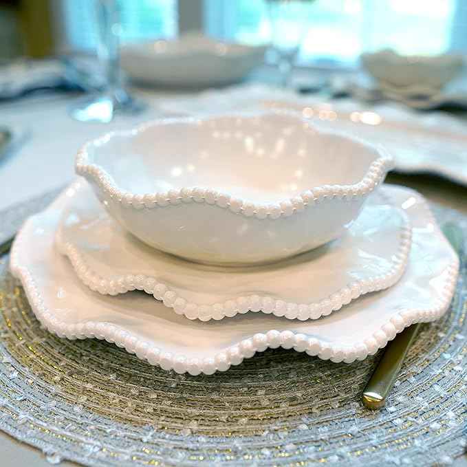 Perlette Off-White Beaded 12-Piece Dinnerware Set – Includes 4 Dinner Plates, 4 Salad Plates, 4 Bowls (7.5" x 2", 22 oz) – Elegant Unbreakable Melamine, Heavyweight, Perfect for Indoor/Outdoor Dining