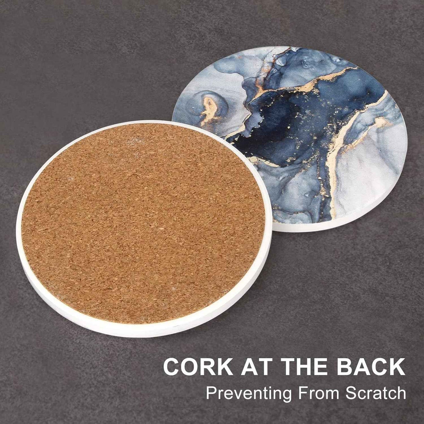 Coasters Set of 6, Navy Blue Marble Abstract Round Ceramic Coasters with Holder, Best Absorbent Drink Coaster Set, Coffee Table Decor for Home Decor House Warming Gifts New Home