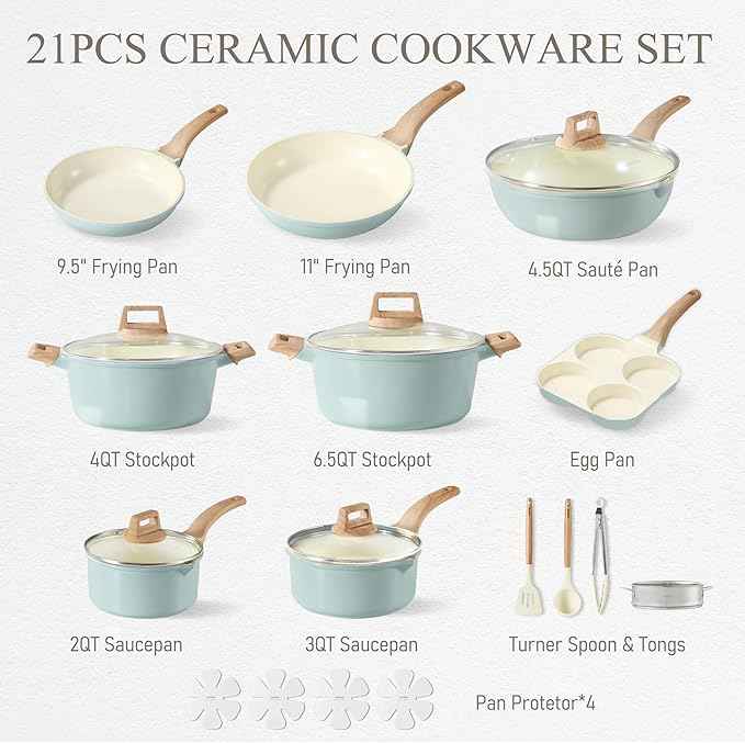 CAROTE 21-Piece Ceramic Pots and Pans Cookware Set, Non Stick Induction Cook Ware Kitchen Cooking Set Non-Toxic Health, PFAS Free