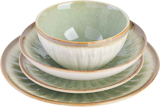 Gibson Elite Mayfair Bay 16-Piece Embossed Double Bowl Dinnerware Set, Service for 4 – Green Stoneware Plates and Bowls