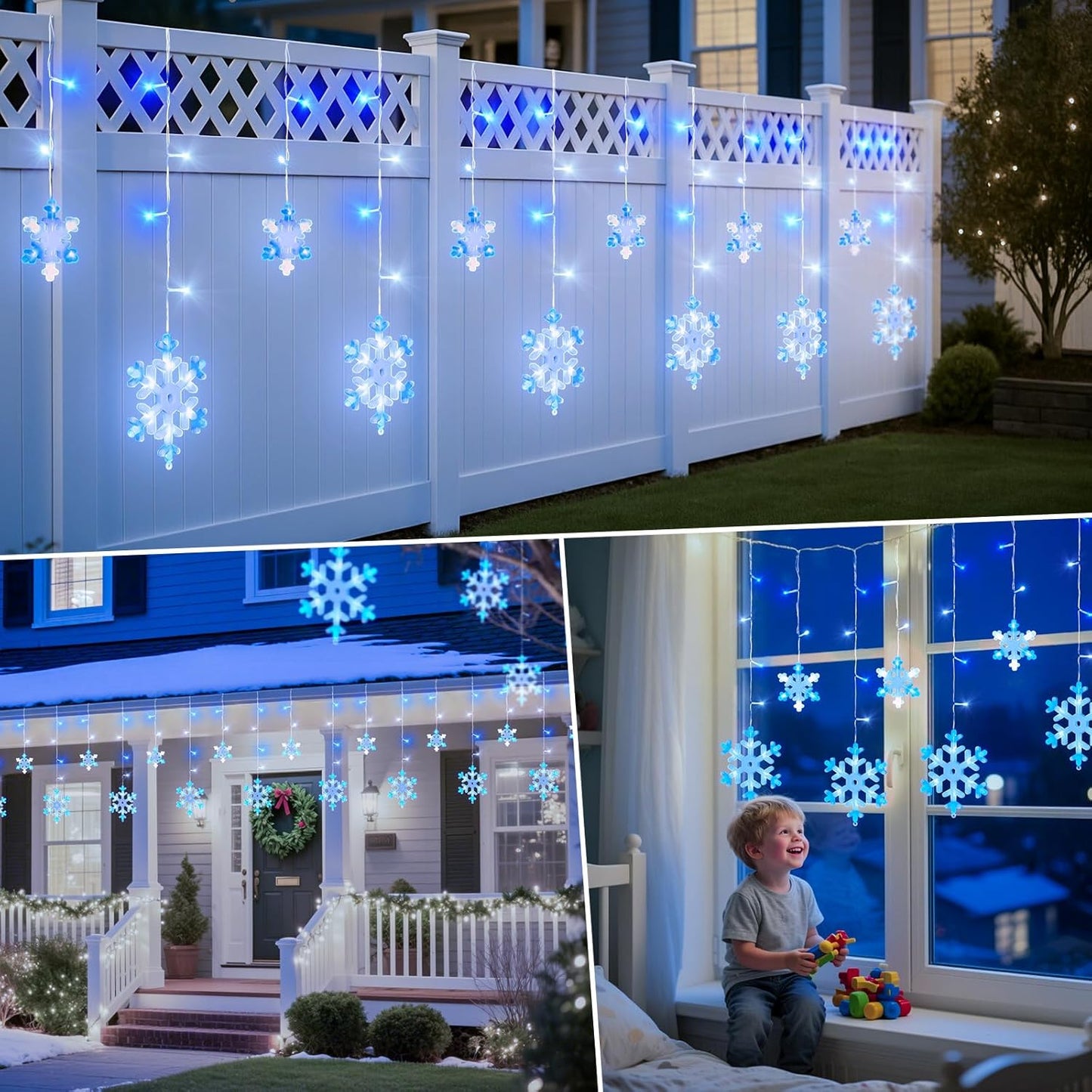 13 Ft 192 LED Snowflake Christmas Icicle Lights with 16 Drops, 8 Modes and Timer, IP65 Waterproof Connectable for Indoor Outdoor House Window, Blue and White