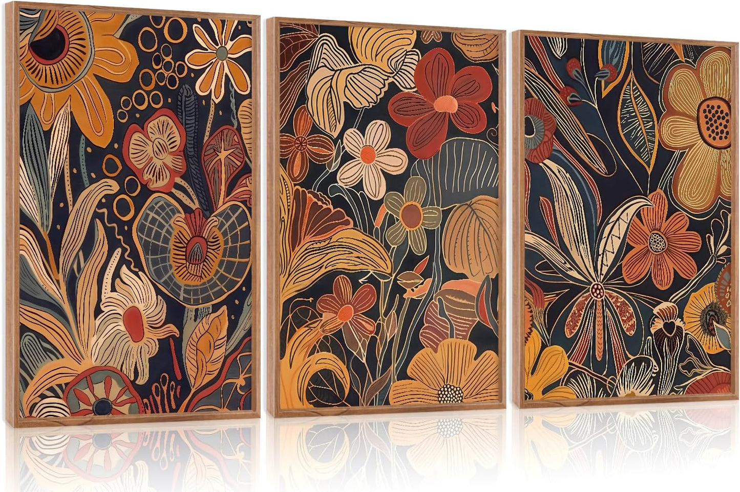 Aurlan Burnt Orange Wildflowers Botanical Wall Art Set(16"x24"), 3 Pieces Abstract Floral Blossom Framed Canvas Artwork, Large Mid Century Modern Boho Nature Wall Decor for Office Bedroom Living Room
