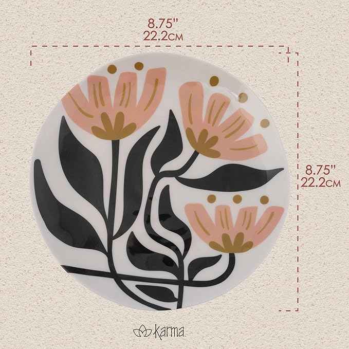 Karma, 8.75 inches Melamine Salad Plates Set of 4, Reusable Dishwasher Safe Plates for Outdoor and Indoor, Mod Floral
