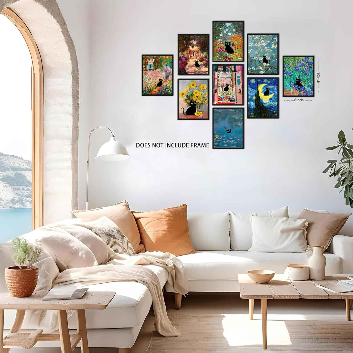 Funny Black Cat Wall Art Set of 9, Cute Cat Animal Posters Prints Pictures, Vintage Monet Floral Famous Aesthetic Wall Decor Painting for Living Room Bathroom Home Decor 8x10 Inch Unframed