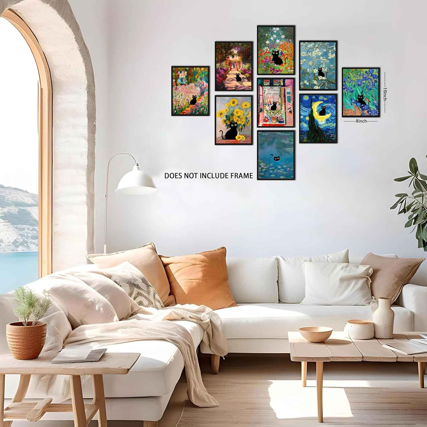 Funny Black Cat Wall Art Set of 9, Cute Cat Animal Posters Prints Pictures, Vintage Monet Floral Famous Aesthetic Wall Decor Painting for Living Room Bathroom Home Decor 8x10 Inch Unframed