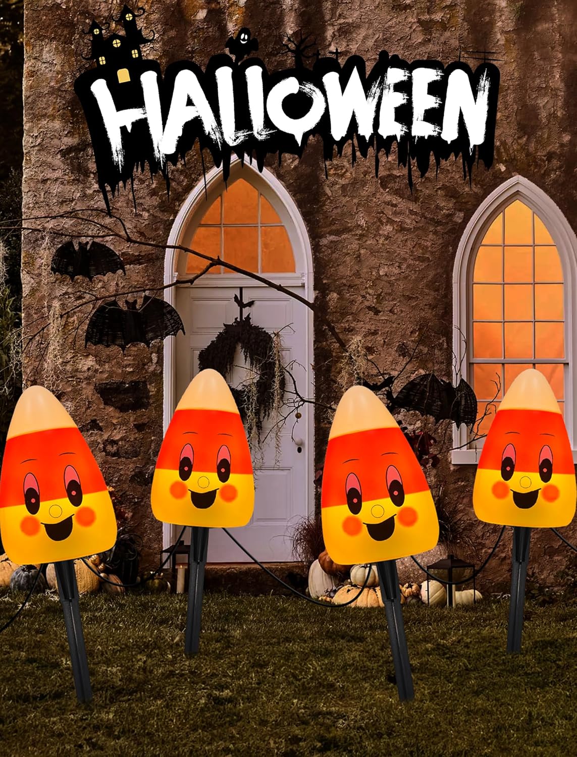 4 Pack Halloween Candy Corn Pathway Marker Lights with C7 Clear Bulbs, 7Ft Candy Night Light with 4 Stakes, Extendable Waterproof Pathway Decor for Yard Porch Lawn Pathway Garden