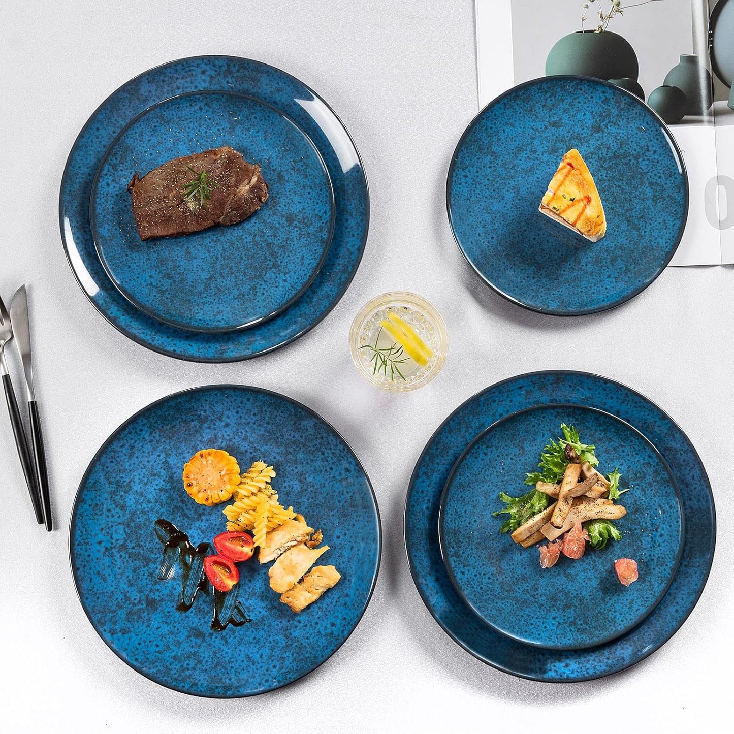 Melamine Dinnerware Sets for 4, Dinner Plates Bowls Set, Unbreakable Melamine Classic Blue Dinnerware, Dishwasher Safe Tableware Sets for Everyday Use, 12 Pcs