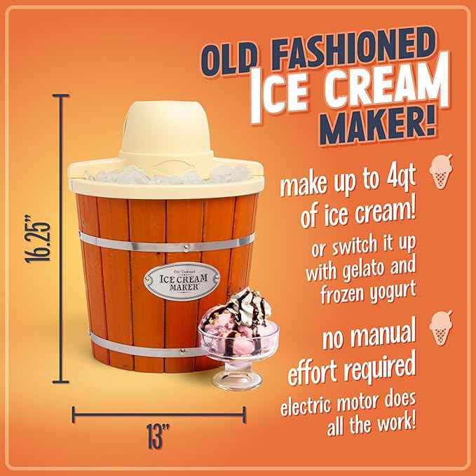 Nostalgia Electric Ice Cream Maker With 4 Qt Capacity- Old Fashioned Ice Cream Machine Makes Frozen Yogurt or Gelato in Minutes- Vintage Wooden Style Ice Cream Maker with Aluminum Canister- Light Wood