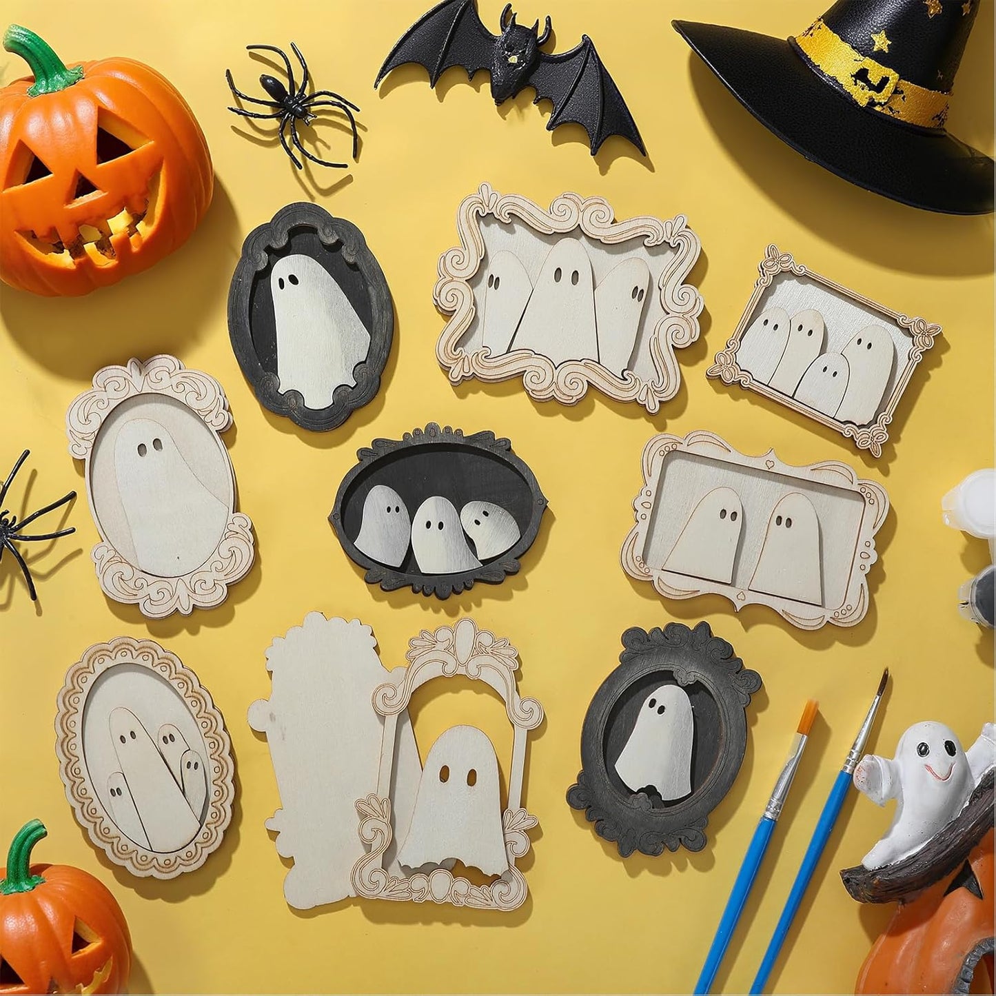 12 Set Wood Ghost DIY Frames Decorating Craft with Paint and Brush Unfinished Wooden Gift Ornaments Cute Ghost for Halloween Craft Art Party Supplies, Not Include Glue (Cute Style)