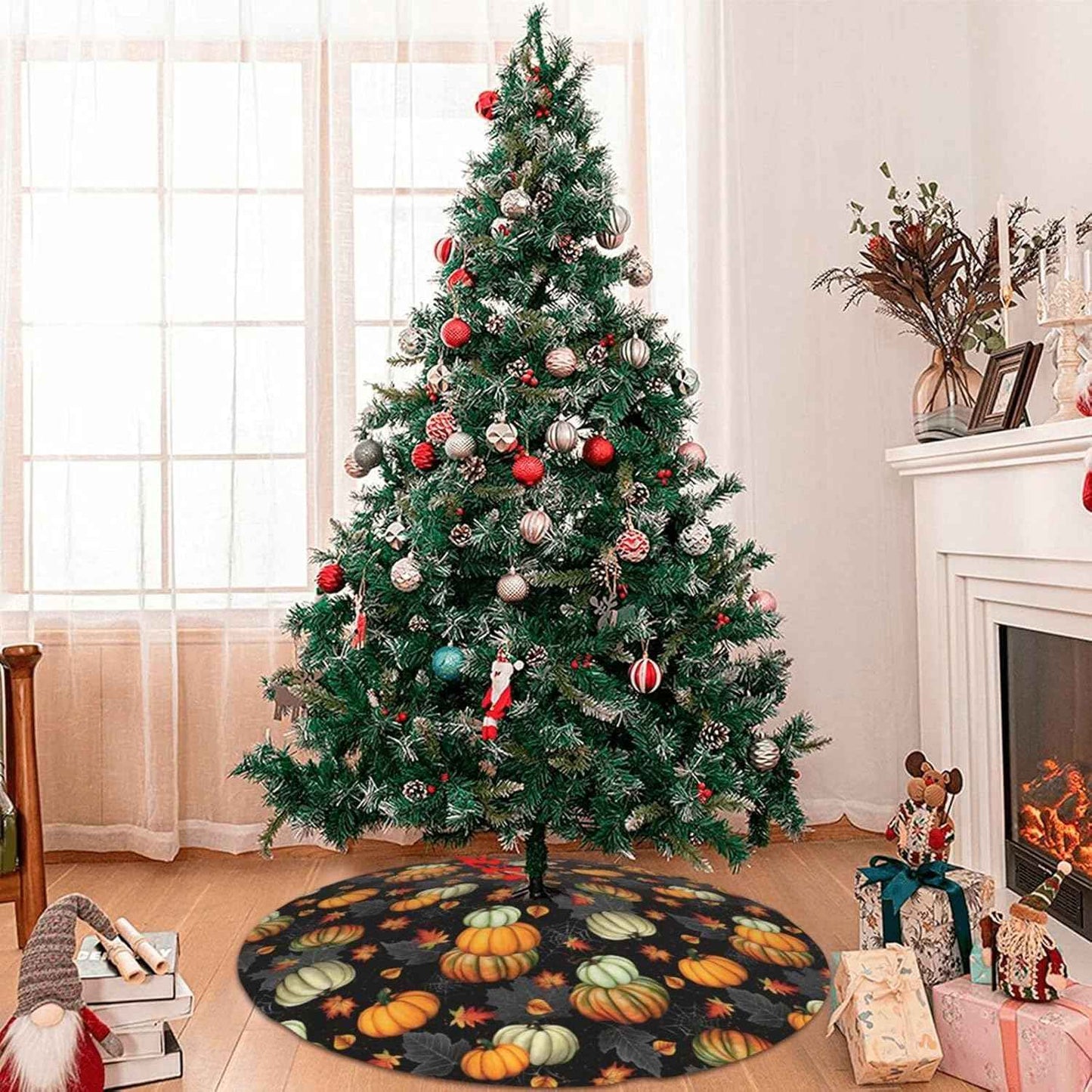 Thanksgiving Fall Tree Skirt Maple Leaf Pumpkin Spider Web Christmas Tree Skirt Xmas Tree Mat Halloween Christmas Tree Ornaments Decorations Holiday Party Indoor Outdoor 30"