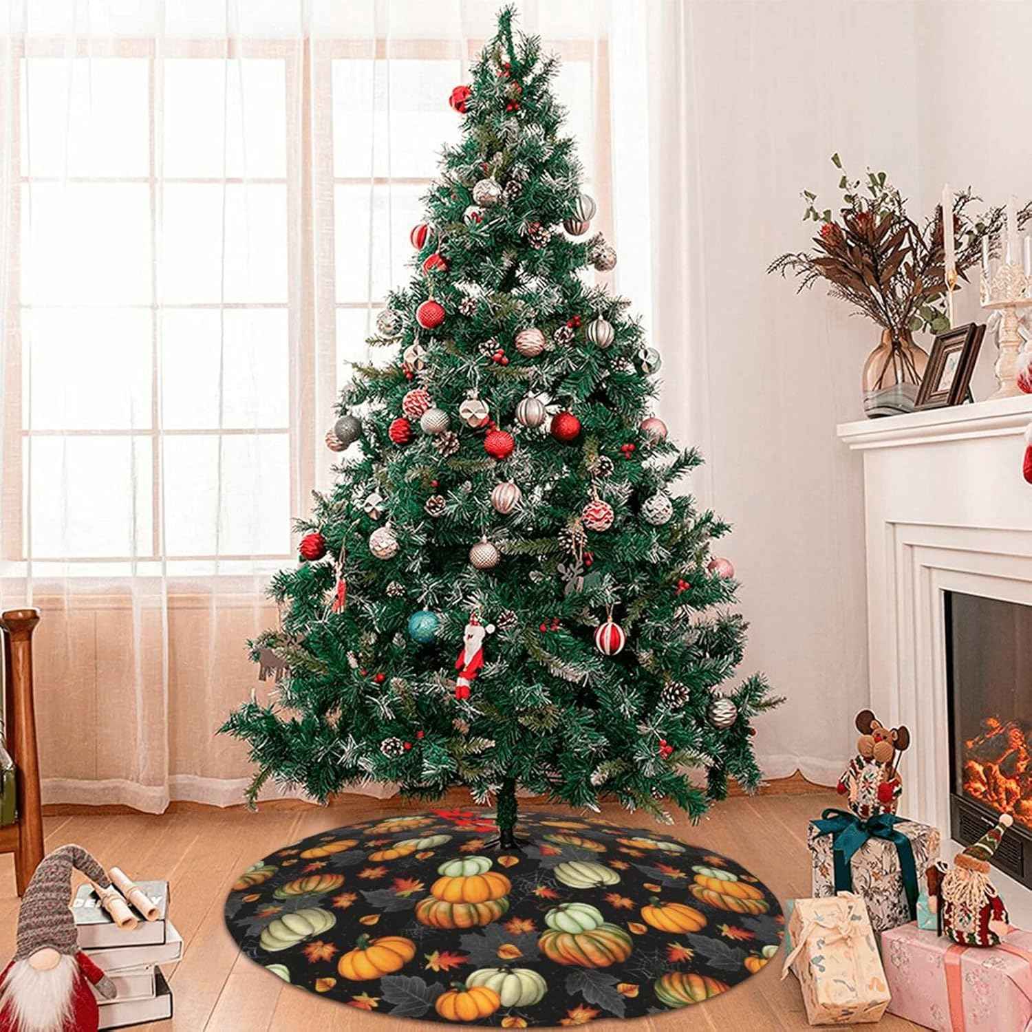 Thanksgiving Fall Tree Skirt Maple Leaf Pumpkin Spider Web Christmas Tree Skirt Xmas Tree Mat Halloween Christmas Tree Ornaments Decorations Holiday Party Indoor Outdoor 30"