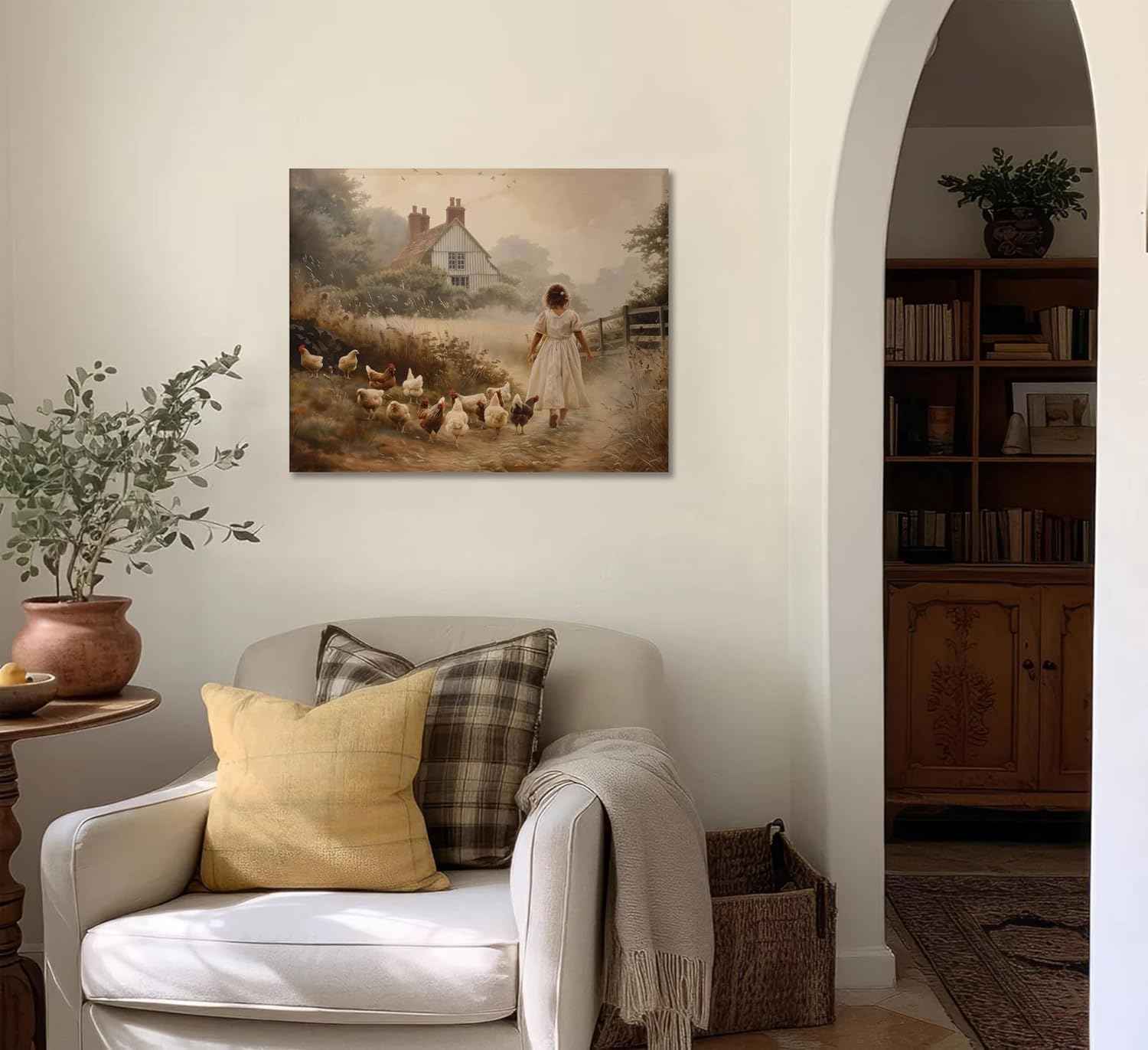 Girl Farmhouse Wall Art Chicken Farm Canvas Rustic Country Poster Brown Chickens Picture Vintage Countryside Female Print Artwork Painting Farm House Wall Decor For Bedroom Living Room Framed