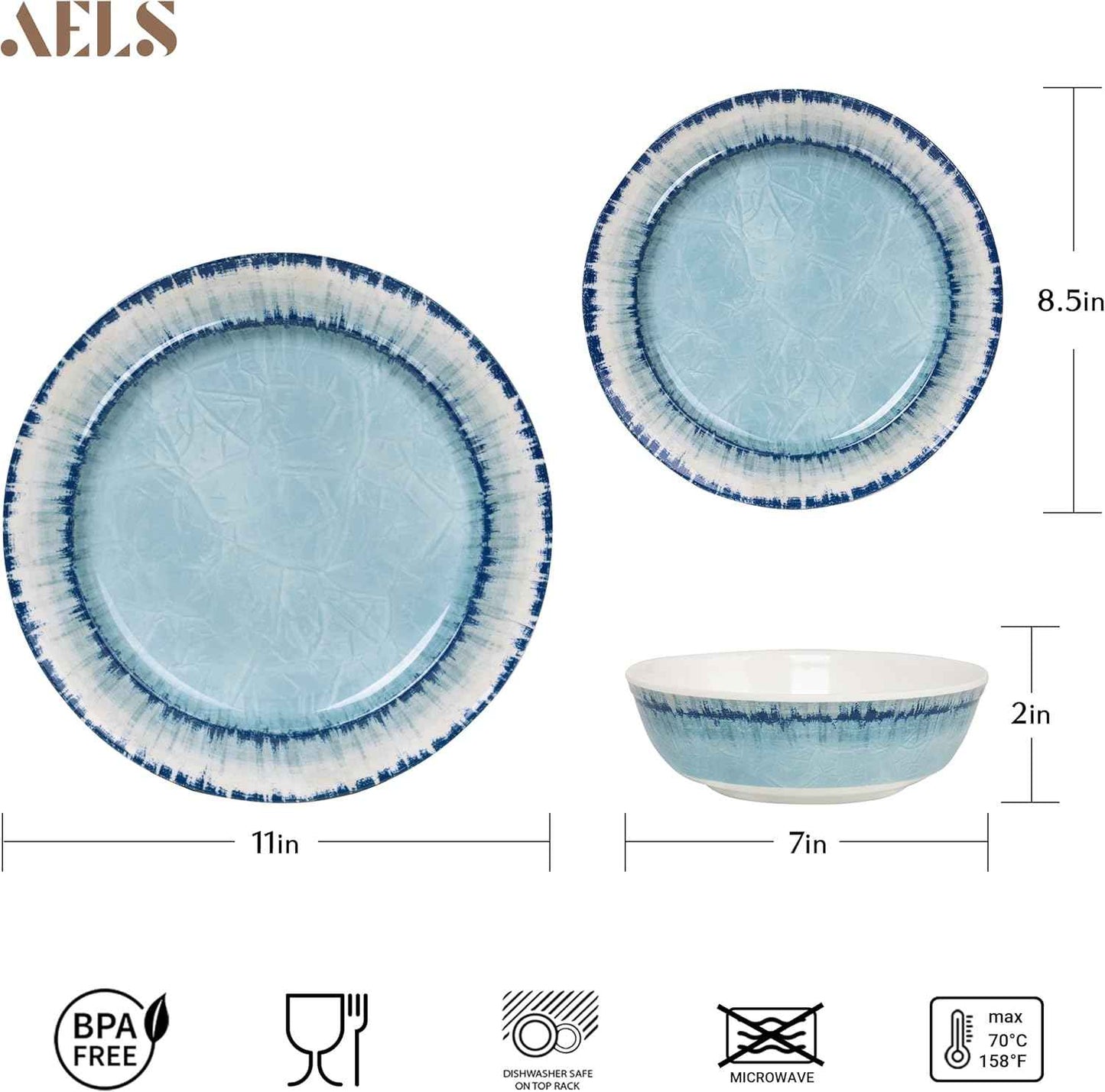 AELS Melamine Dinnerware Set of 12 Pcs Dinner Dishes Set for Indoor and Outdoor Use, Dishwasher Safe, Lightweight Unbreakable, BPA Free, Light Blue