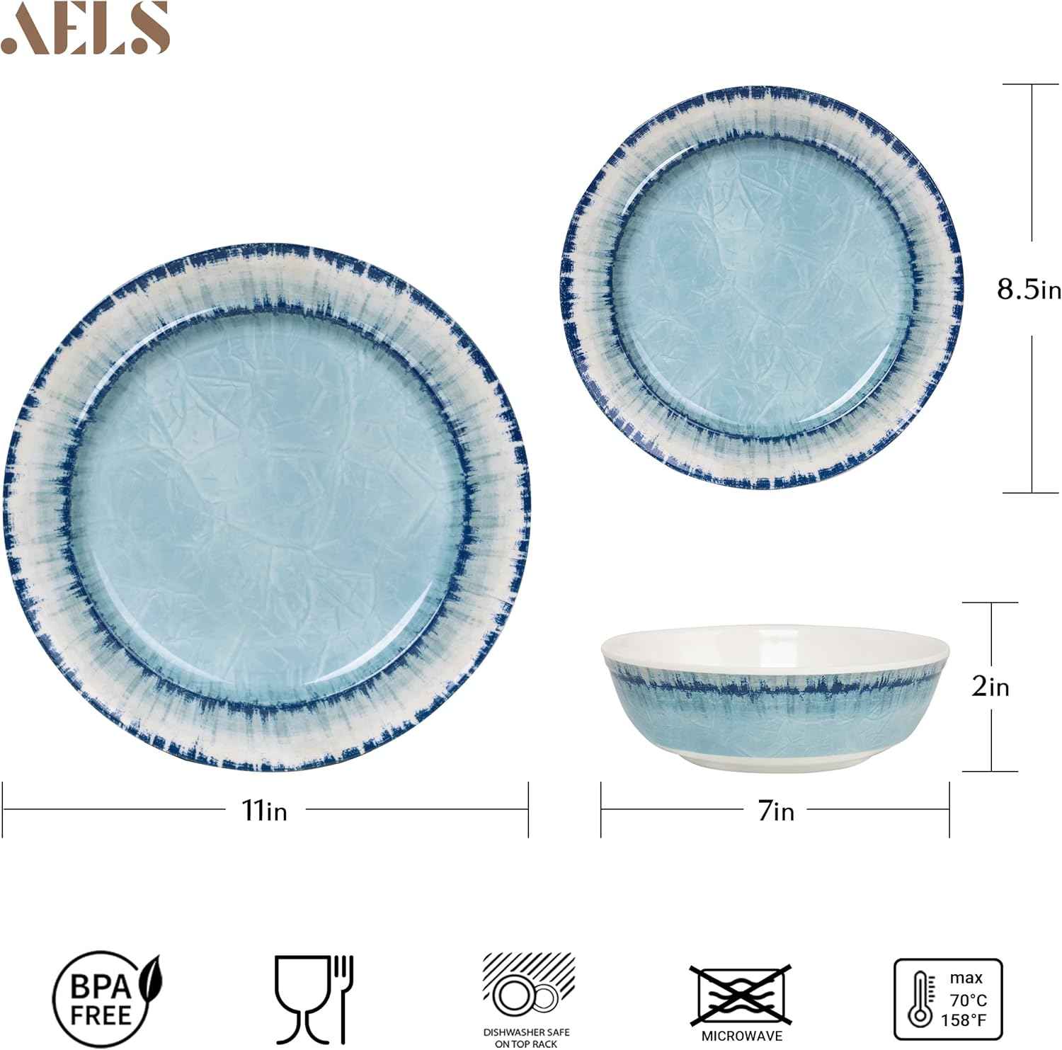 AELS Melamine Dinnerware Set of 12 Pcs Dinner Dishes Set for Indoor and Outdoor Use, Dishwasher Safe, Lightweight Unbreakable, BPA Free, Light Blue